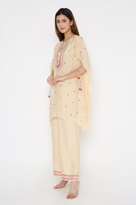Shop_Neha Mehra_Beige Silk Fringe, Embroidery Round Neck Butti Kaftan And Palazzo Set _Online_at_Aza_Fashions