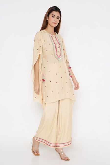 Neha Mehra_Beige Silk Fringe, Embroidery Round Neck Butti Kaftan And Palazzo Set _at_Aza_Fashions