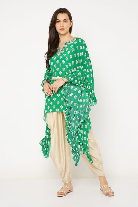 Neha Mehra_Green Crepe Sequins, Embroidery Floral Butti Print Kaftan And Dhoti Pant Set _Online_at_Aza_Fashions