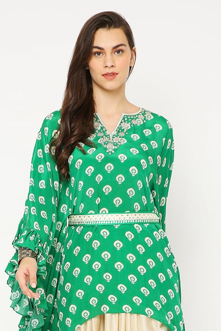 Buy_Neha Mehra_Green Crepe Sequins, Embroidery Floral Butti Print Kaftan And Dhoti Pant Set _Online_at_Aza_Fashions