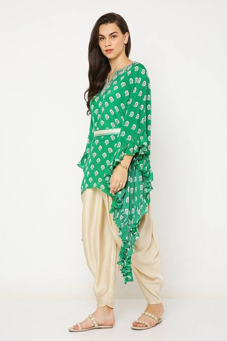 Shop_Neha Mehra_Green Crepe Sequins, Embroidery Floral Butti Print Kaftan And Dhoti Pant Set _Online_at_Aza_Fashions