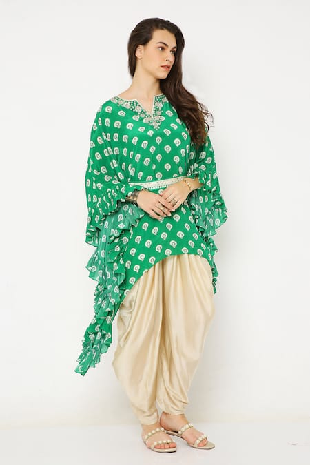 Neha Mehra_Green Crepe Sequins, Embroidery Floral Butti Print Kaftan And Dhoti Pant Set _at_Aza_Fashions