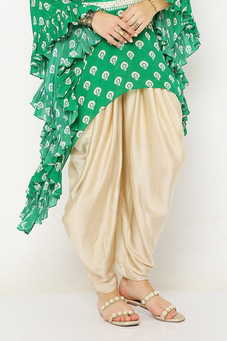 Buy_Neha Mehra_Green Crepe Sequins, Embroidery Floral Butti Print Kaftan And Dhoti Pant Set 