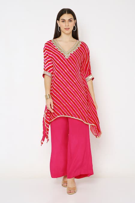 Neha Mehra_Pink Georgette Sequins, Embroidery V-neck Asymmetric Kaftan And Palazzo Set _Online_at_Aza_Fashions