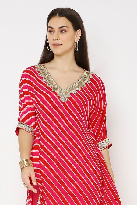 Buy_Neha Mehra_Pink Georgette Sequins, Embroidery V-neck Asymmetric Kaftan And Palazzo Set _Online_at_Aza_Fashions