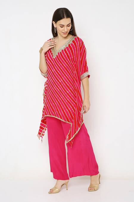 Neha Mehra_Pink Georgette Sequins, Embroidery V-neck Asymmetric Kaftan And Palazzo Set _at_Aza_Fashions