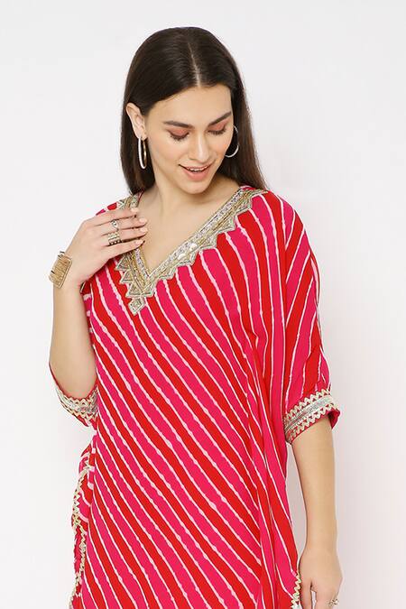 Buy_Neha Mehra_Pink Georgette Sequins, Embroidery V-neck Asymmetric Kaftan And Palazzo Set 