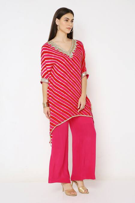 Shop_Neha Mehra_Pink Georgette Sequins, Embroidery V-neck Asymmetric Kaftan And Palazzo Set 