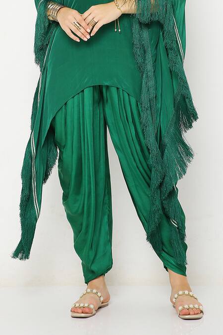 Neha Mehra_Green Crepe Fringe Split V-neck Floral Embroidered Kaftan And Dhoti Pant Set _Online_at_Aza_Fashions