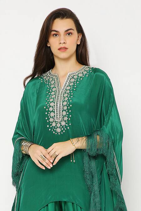 Buy_Neha Mehra_Green Crepe Fringe Split V-neck Floral Embroidered Kaftan And Dhoti Pant Set _Online_at_Aza_Fashions