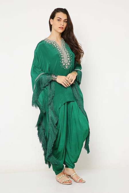 Buy_Neha Mehra_Green Crepe Fringe Split V-neck Floral Embroidered Kaftan And Dhoti Pant Set 