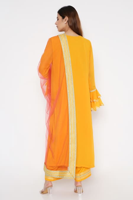 Neha Mehra Saffron Color Block Kurta Pant Set 