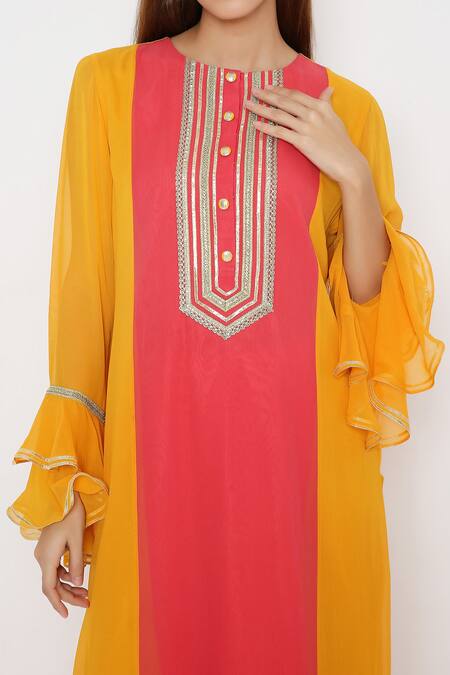 Neha Mehra_Yellow Georgette Embroidery Round Neck Saffron Color Block Kurta Pant Set _Online_at_Aza_Fashions