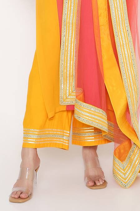 Buy_Neha Mehra_Yellow Georgette Embroidery Round Neck Saffron Color Block Kurta Pant Set _Online_at_Aza_Fashions