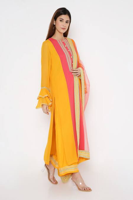 Shop_Neha Mehra_Yellow Georgette Embroidery Round Neck Saffron Color Block Kurta Pant Set _Online_at_Aza_Fashions