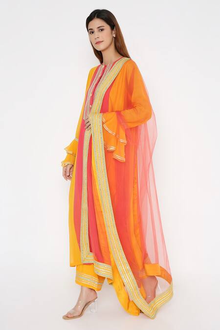 Neha Mehra_Yellow Georgette Embroidery Round Neck Saffron Color Block Kurta Pant Set _at_Aza_Fashions