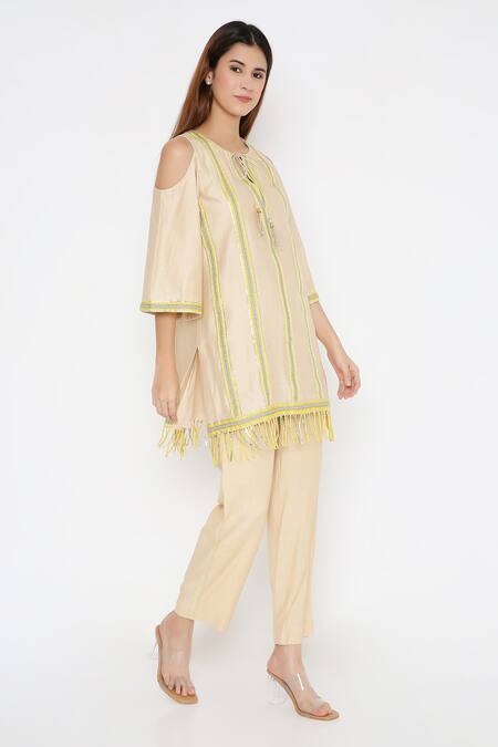 Shop_Neha Mehra_Beige Chanderi Fringe Round Neck Gota Patti Embroidered Tunic And Pant Set _Online_at_Aza_Fashions