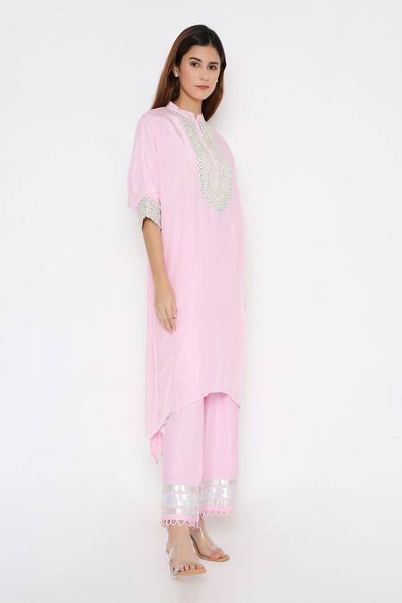 Buy_Neha Mehra_Pink Silk Embroidery Collared Scallop Asymmetric Kurta Set _Online_at_Aza_Fashions