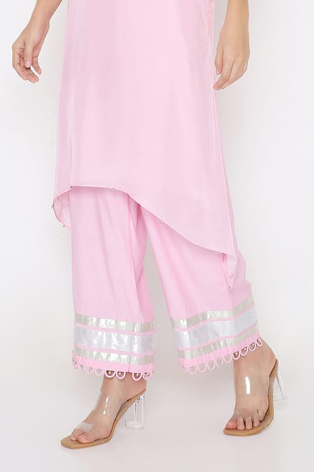 Shop_Neha Mehra_Pink Silk Embroidery Collared Scallop Asymmetric Kurta Set _Online_at_Aza_Fashions