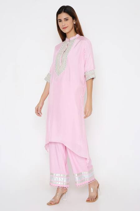 Neha Mehra_Pink Silk Embroidery Collared Scallop Asymmetric Kurta Set _at_Aza_Fashions