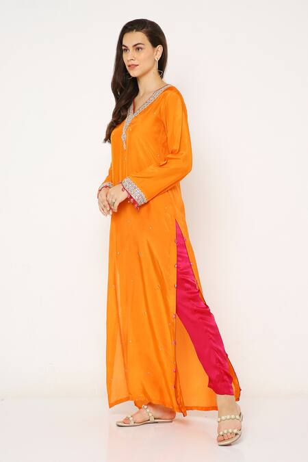 Buy_Neha Mehra_Yellow , Chanderi Sequins, Embroidery V-neck Kurta Set _Online_at_Aza_Fashions