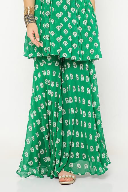 Neha Mehra Green Georgette Embroidery V-neck Floral Hand Tunic And Sharara Set Online at Aza Fashions Neha Mehra_Green Georgette Embroidery V-neck Floral Hand Tunic And Sharara Set _Online_at_Aza_Fashions