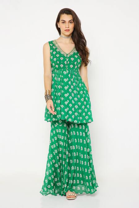 Buy Neha Mehra Green Georgette Embroidery V-neck Floral Hand Tunic And Sharara Set Online at Aza Fashions Buy_Neha Mehra_Green Georgette Embroidery V-neck Floral Hand Tunic And Sharara Set _Online_at_Aza_Fashions