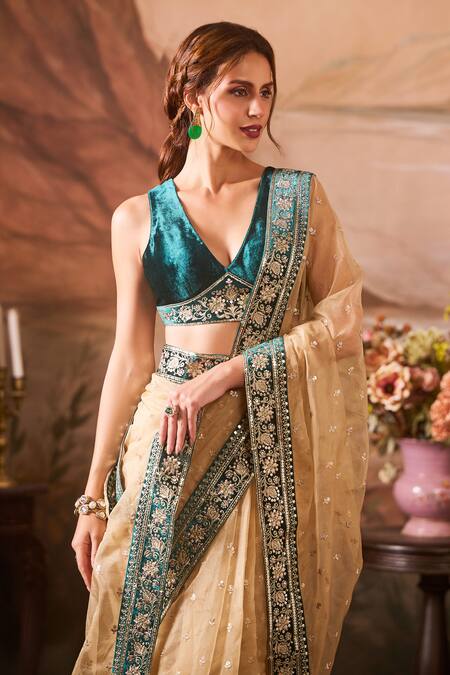 Lashkaraa_Blue Velvet, Organza Bullian Bloom Embroidered Pre-draped Saree And Blouse_Online_at_Aza_Fashions