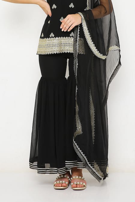 Buy_Neha Mehra_Black Georgette Embroidery V-neck Geometric Butti Hand Sharara Set _Online_at_Aza_Fashions