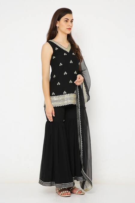 Shop_Neha Mehra_Black Georgette Embroidery V-neck Geometric Butti Hand Sharara Set _Online_at_Aza_Fashions
