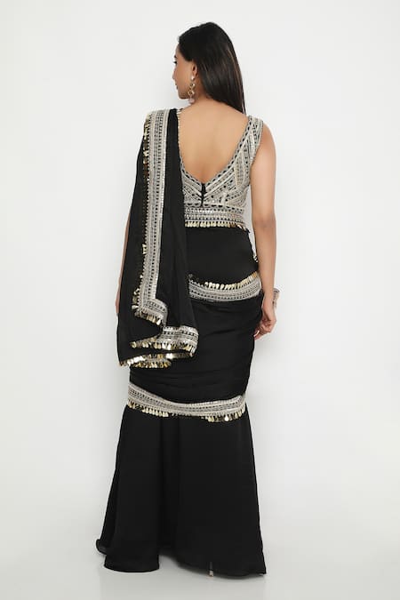 Shop_Neha Mehra_Black Crepe Lace Open Neck Embroidered Saree Blouse _at_Aza_Fashions