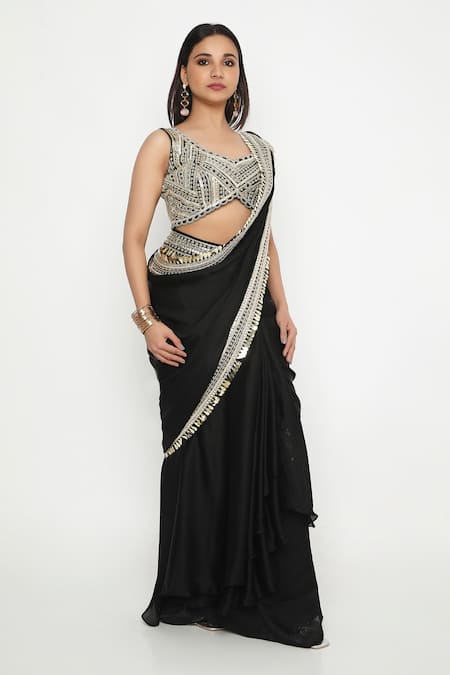 Neha Mehra_Black Crepe Lace Open Neck Embroidered Saree Blouse _Online_at_Aza_Fashions