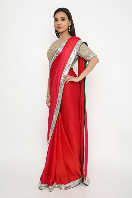 Neha Mehra_Gold Crepe Embroidery V-neck Jaal Saree Blouse _Online_at_Aza_Fashions