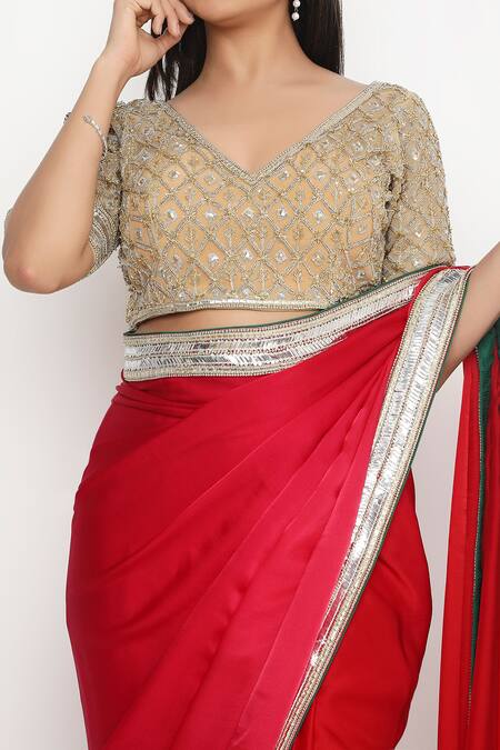 Buy_Neha Mehra_Gold Crepe Embroidery V-neck Jaal Saree Blouse _Online_at_Aza_Fashions