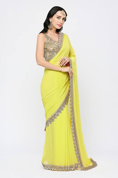 Buy_Neha Mehra_Multi Color Crepe Cut Work Open Neck Aztec Embroidered Saree Blouse _Online_at_Aza_Fashions