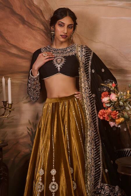 Shop Lashkaraa Yellow Velvet, Net, Silk Sequins, Zari, Embroidery Mandala Bloom Lehenga Set Online at Aza Fashions Shop_Lashkaraa_Yellow Velvet, Net, Silk Sequins, Zari, Embroidery Mandala Bloom Lehenga Set_Online_at_Aza_Fashions