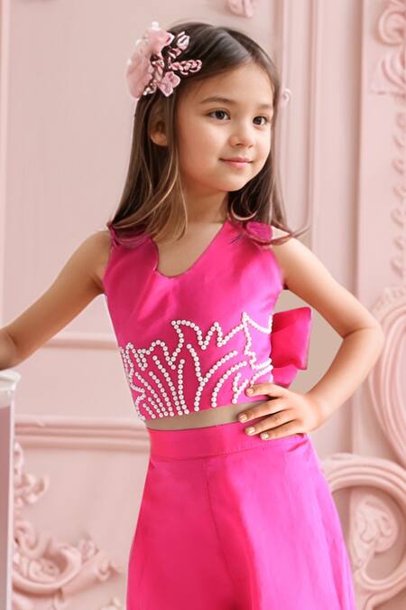 Petite Pomme_Pink Taffeta, Cotton Pearls Embellished Top And Palazzo Set_Online_at_Aza_Fashions