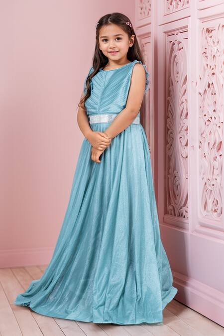 Petite Pomme_Green Cotton Shimmer Embroidered Pleated Gown_Online_at_Aza_Fashions