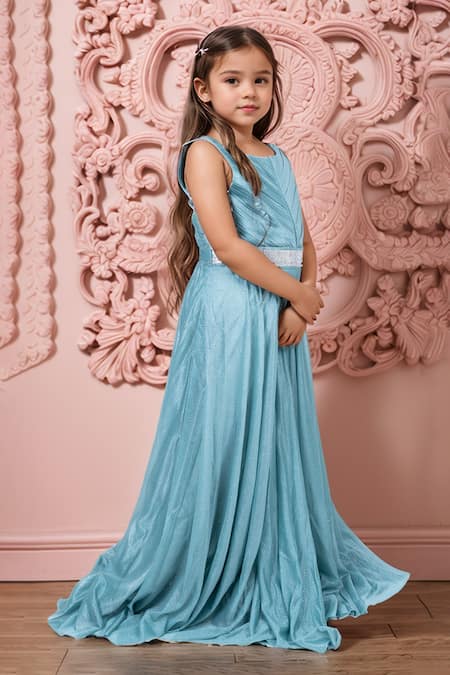 Buy_Petite Pomme_Green Cotton Shimmer Embroidered Pleated Gown_Online_at_Aza_Fashions