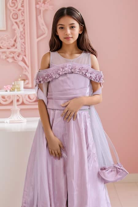 Petite Pomme_Pink Cotton Embroidery Floral Applique Crop Top And Lehenga Set _Online_at_Aza_Fashions