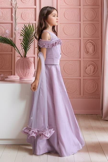 Buy_Petite Pomme_Pink Cotton Embroidery Floral Applique Crop Top And Lehenga Set _Online_at_Aza_Fashions