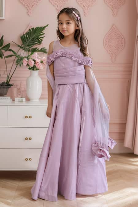 Shop_Petite Pomme_Pink Cotton Embroidery Floral Applique Crop Top And Lehenga Set _Online_at_Aza_Fashions