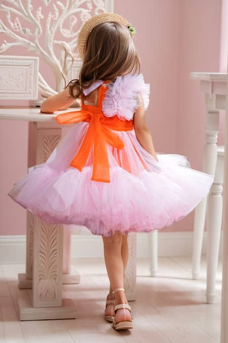 Shop Petite Pomme Orange Net, Cotton Pearls Colorblock Frill Dress at Aza Fashions Shop_Petite Pomme_Orange Net, Cotton Pearls Colorblock Frill Dress_at_Aza_Fashions