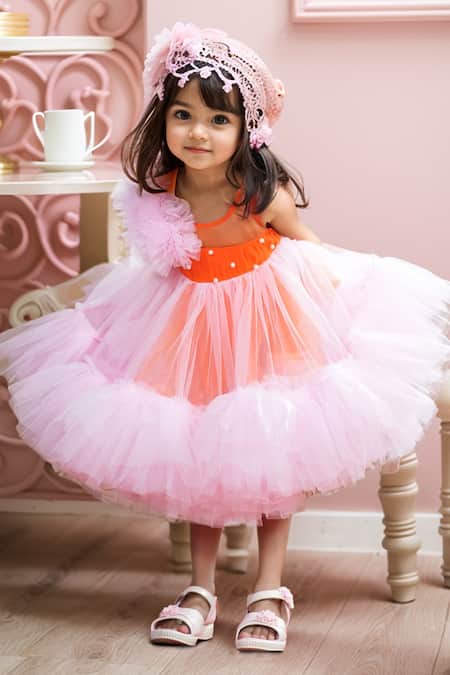 Petite Pomme Orange Net, Cotton Pearls Colorblock Frill Dress Online at Aza Fashions Petite Pomme_Orange Net, Cotton Pearls Colorblock Frill Dress_Online_at_Aza_Fashions