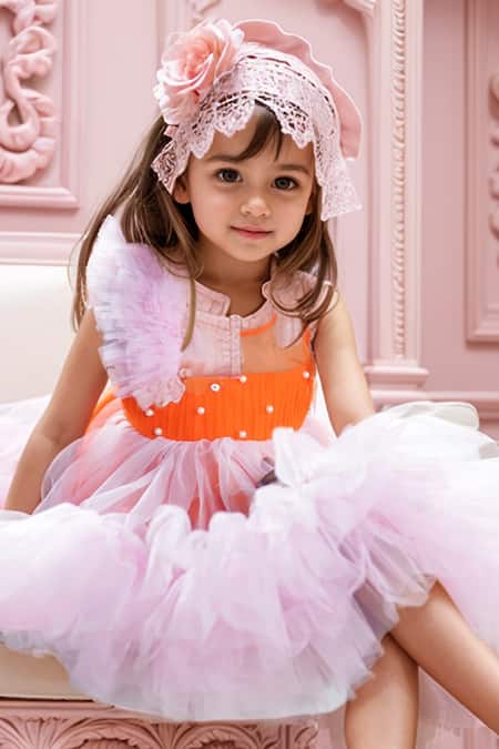 Buy Petite Pomme Orange Net, Cotton Pearls Colorblock Frill Dress Online at Aza Fashions Buy_Petite Pomme_Orange Net, Cotton Pearls Colorblock Frill Dress_Online_at_Aza_Fashions