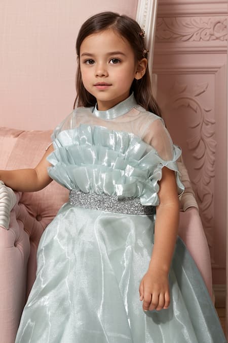 Petite Pomme Green Cotton Sequins Pista Embroidered Gown Online at Aza Fashions Petite Pomme_Green Cotton Sequins Pista Embroidered Gown _Online_at_Aza_Fashions