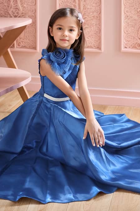 Petite Pomme Blue Cotton, Polyester Rhinestones, Fabric Flowers Brooch Embellished Gown Online at Aza Fashions Petite Pomme_Blue Cotton, Polyester Rhinestones, Fabric Flowers Brooch Embellished Gown _Online_at_Aza_Fashions