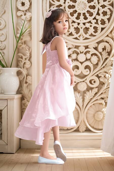 Shop Petite Pomme Pink Cotton, Polyester Bows, Fabric Flowers Floral Applique Frock Online at Aza Fashions Shop_Petite Pomme_Pink Cotton, Polyester Bows, Fabric Flowers Floral Applique Frock _Online_at_Aza_Fashions