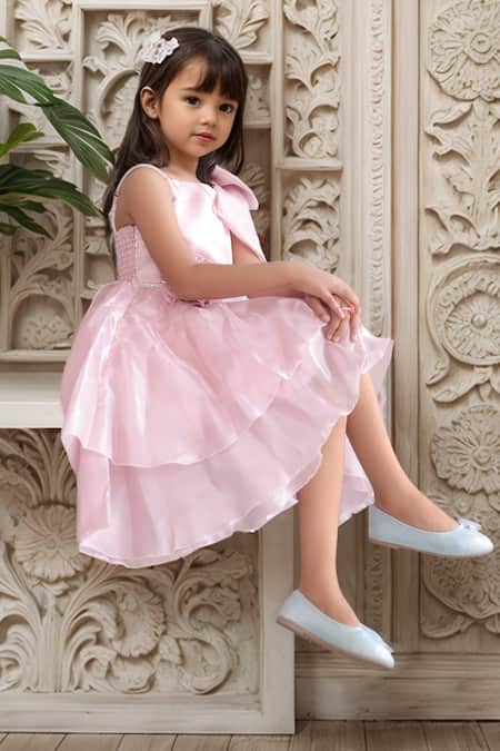 Petite Pomme Pink Cotton, Polyester Bows, Fabric Flowers Floral Applique Frock at Aza Fashions Petite Pomme_Pink Cotton, Polyester Bows, Fabric Flowers Floral Applique Frock _at_Aza_Fashions