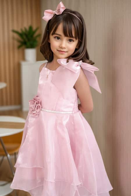 Buy Petite Pomme Pink Cotton, Polyester Bows, Fabric Flowers Floral Applique Frock Buy_Petite Pomme_Pink Cotton, Polyester Bows, Fabric Flowers Floral Applique Frock